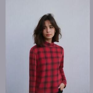 Charter Club Women's Top M Red Black Check Mock Turtle Neck Long Sleeve Cotton
